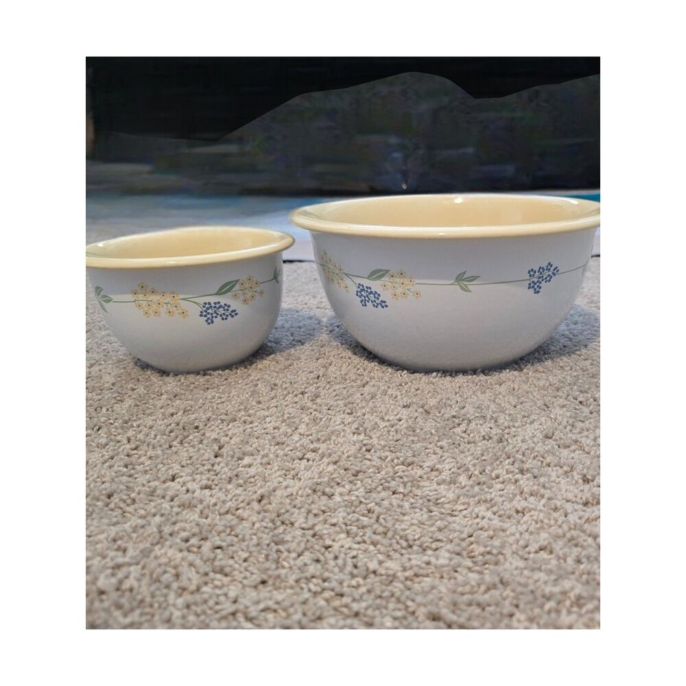 Vintage Corelle Secret Garden Mixing Bowl Set 1Qt 3Qt Yellow Floral Stoneware